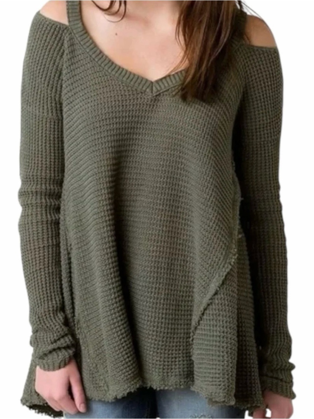 Free People Distressed Waffle Knit‎ Cold Shoulder Sweater Small Olive Green